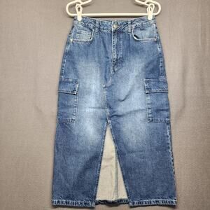 Francesca's Harper Heritage Skirt Womens Medium Denim Cargo Midi Slit GB-CRG01